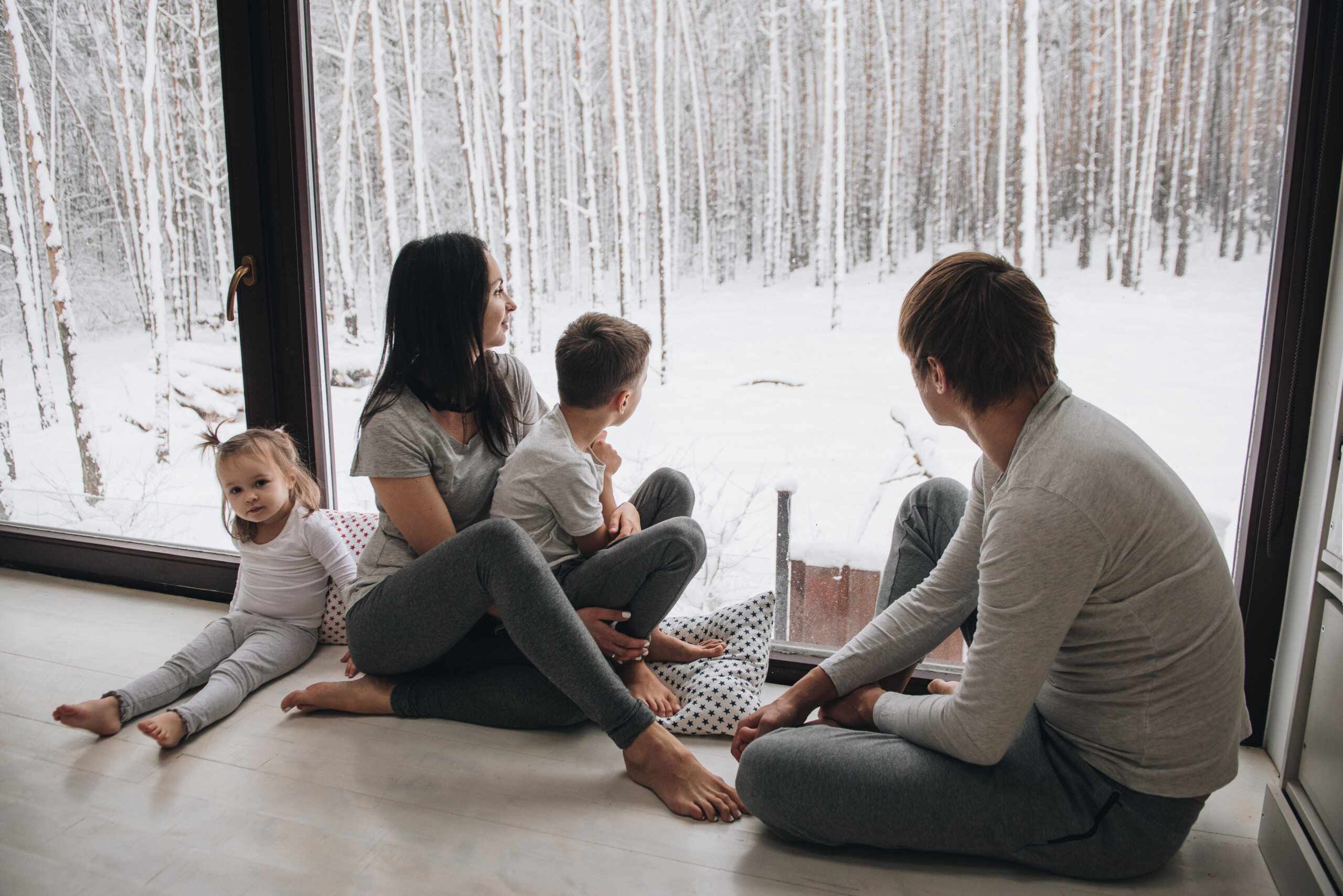Family at home in pajamas.